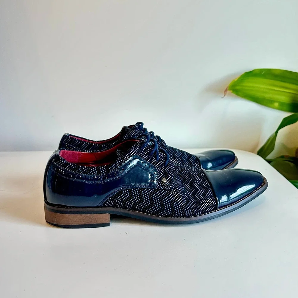 Mens Navy Blue Chevron Pattern Patent Cap Toe Dress Shoes‎ Oxford Size 8.5
